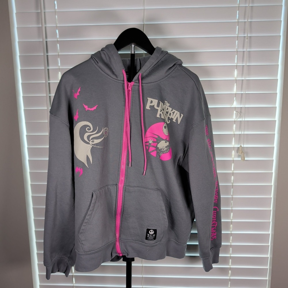 Disney Nightmare Before Christmas Hoodie XL Grey Pink Jack Skellington Zip Up